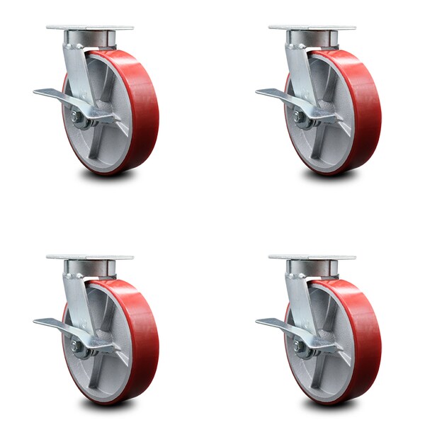 Service Caster 8 Inch Kingpinless Red Poly on Steel Wheel Swivel Caster Set with Brakes SCC SCC-KP30S820-PUR-RS-SLB-4 - main
